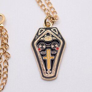 Handmade Goldtone & Black Enamel Halloween Cat Coffin Cross Necklace, New